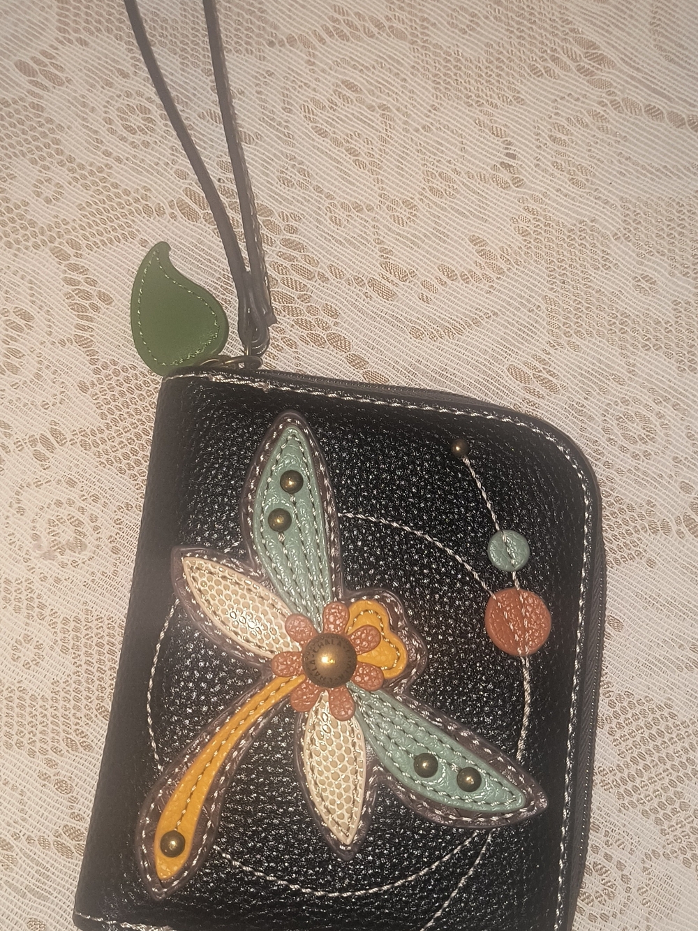 Chala Black Wallet with Mint, Yellow, Cream & Brown Dragonfly Applique